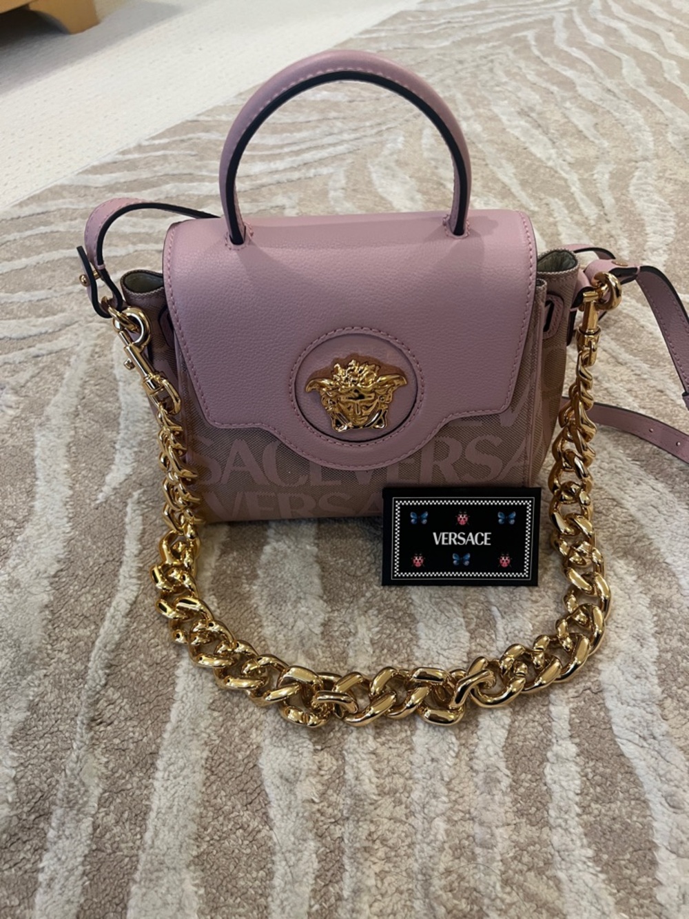 Never worn! Versace Dusty Pink Leather Top-Handle Satchel with Gold Chain